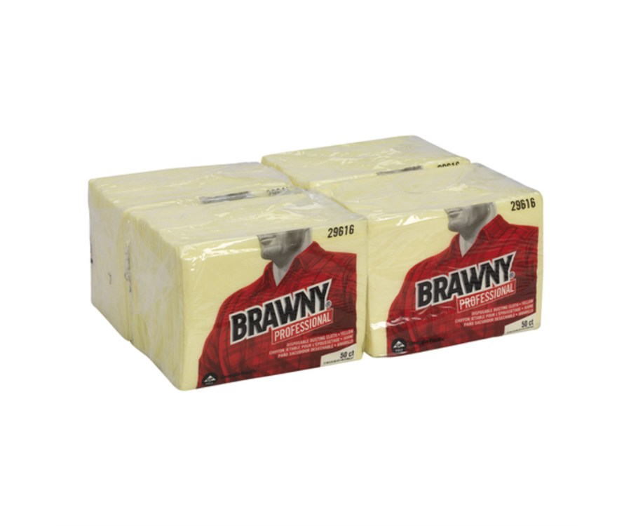 Four packs of yellow disposable cleaning towels wrapped in clear plastic packaging, stacked together. Brawny® Professional Yellow Disposable Dusting Cloths (17 in. x 24 in., 200/Case)